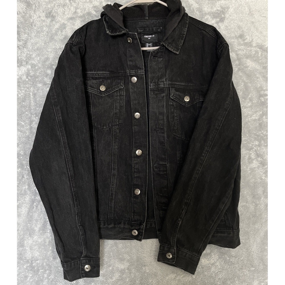 Forever 21 Men's Black Hooded Denim Jacket With Art Print In Back Size Large